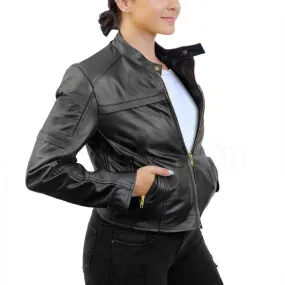 Susan Black Biker Leather Jacket with Gold Zippers