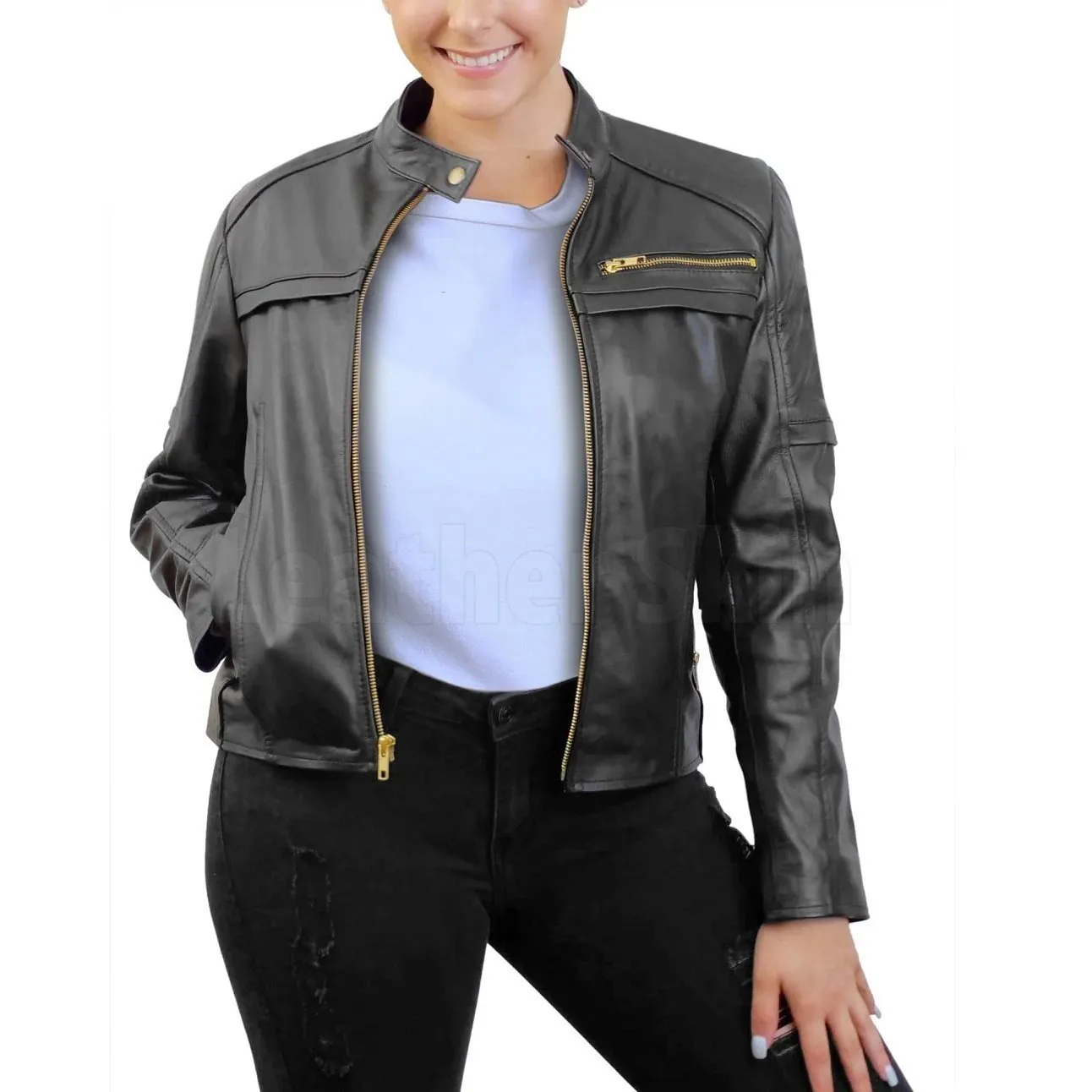 Susan Black Biker Leather Jacket with Gold Zippers