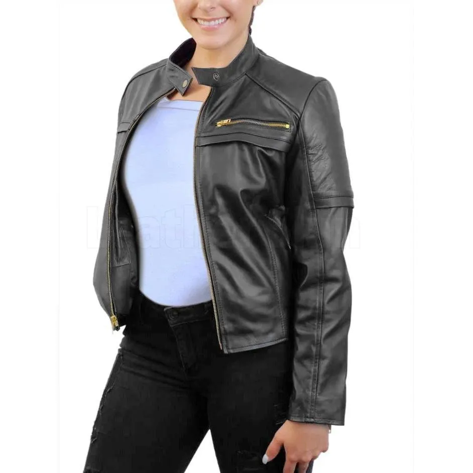 Susan Black Biker Leather Jacket with Gold Zippers