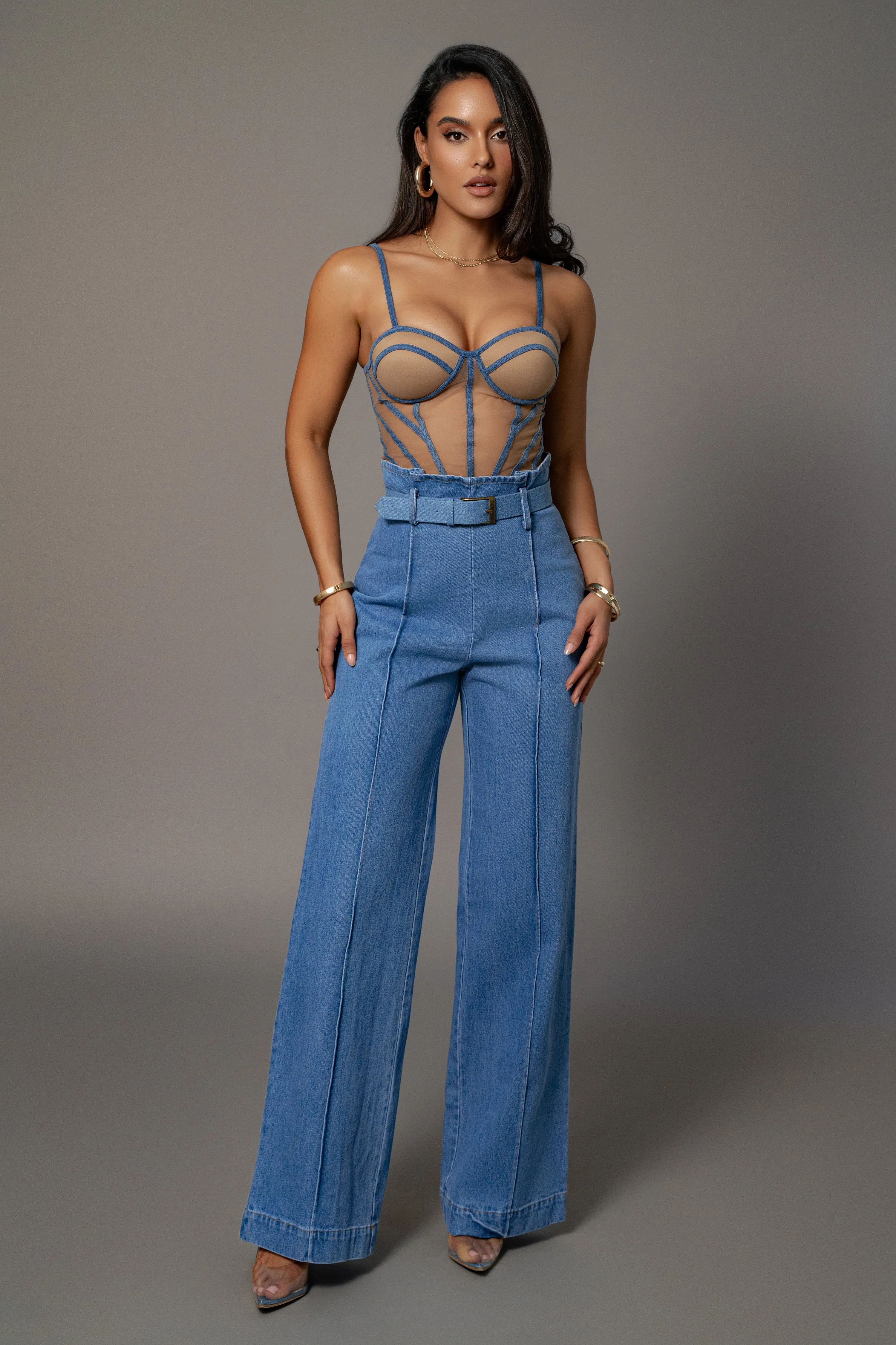 Tan Denim Illusion Mesh Bustier