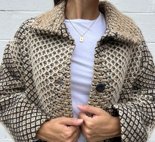 Tricot Chic - Open Weave Coat in Beige, Black, and Cream