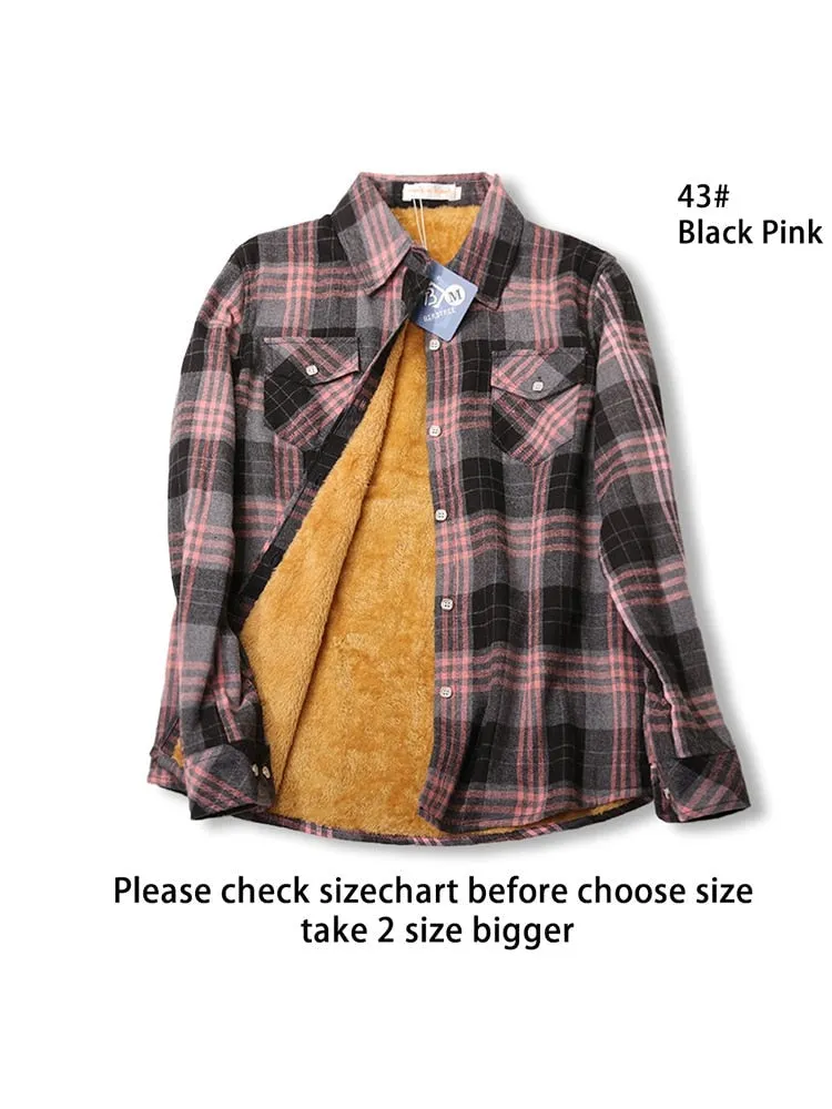 Velvet Thick Warm Women's Plaid Shirt Winter Fleece Casual Check Blouse