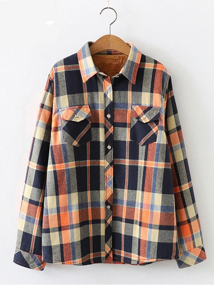 Velvet Thick Warm Women's Plaid Shirt Winter Fleece Casual Check Blouse