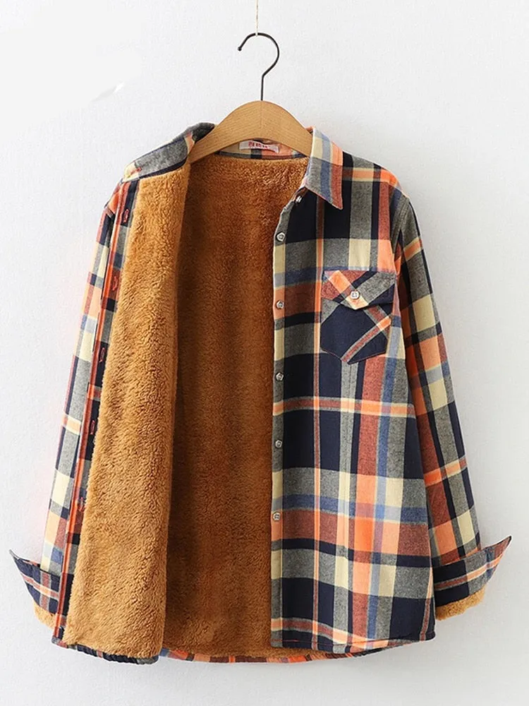 Velvet Thick Warm Women's Plaid Shirt Winter Fleece Casual Check Blouse