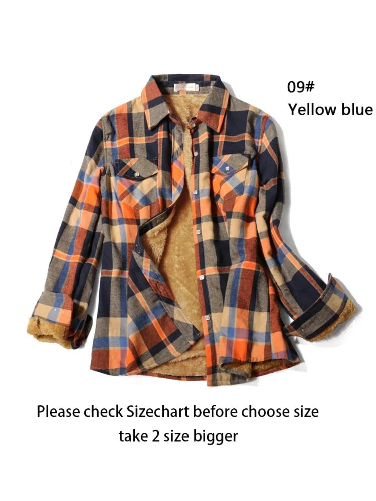 Velvet Thick Warm Women's Plaid Shirt Winter Fleece Casual Check Blouse