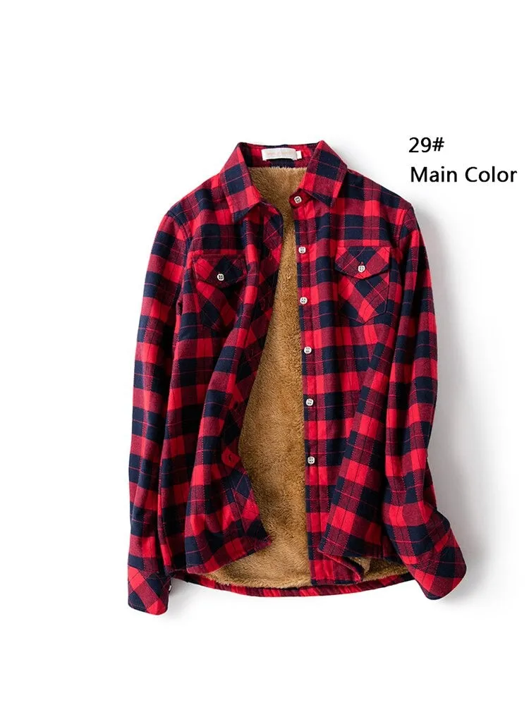 Velvet Thick Warm Women's Plaid Shirt Winter Fleece Casual Check Blouse