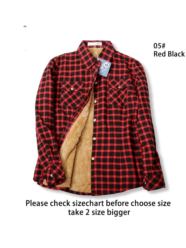 Velvet Thick Warm Women's Plaid Shirt Winter Fleece Casual Check Blouse