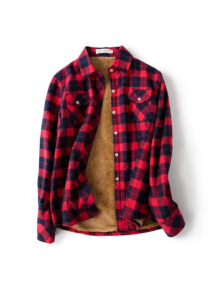 Velvet Thick Warm Women's Plaid Shirt Winter Fleece Casual Check Blouse