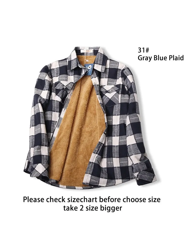 Velvet Thick Warm Women's Plaid Shirt Winter Fleece Casual Check Blouse