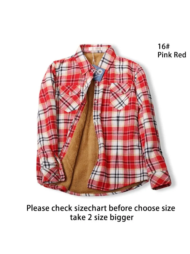 Velvet Thick Warm Women's Plaid Shirt Winter Fleece Casual Check Blouse