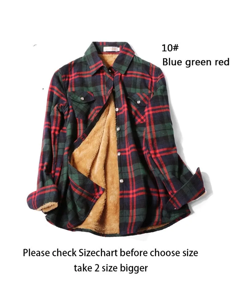 Velvet Thick Warm Women's Plaid Shirt Winter Fleece Casual Check Blouse