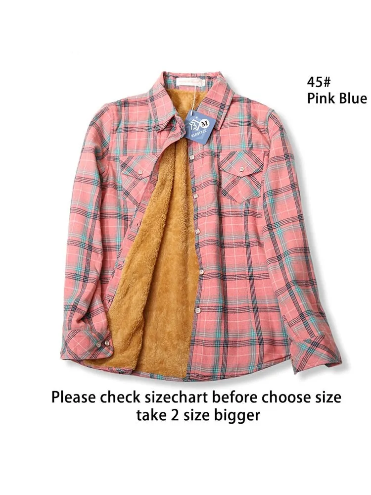 Velvet Thick Warm Women's Plaid Shirt Winter Fleece Casual Check Blouse