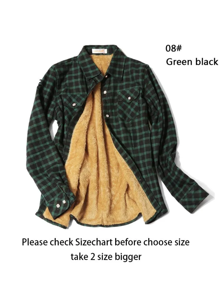 Velvet Thick Warm Women's Plaid Shirt Winter Fleece Casual Check Blouse