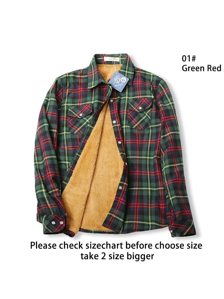 Velvet Thick Warm Women's Plaid Shirt Winter Fleece Casual Check Blouse