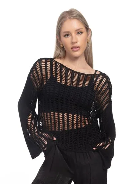 Women's Crochet Mesh Long Sleeves Cover Up Summer Beachwear HWU5ENSW9K