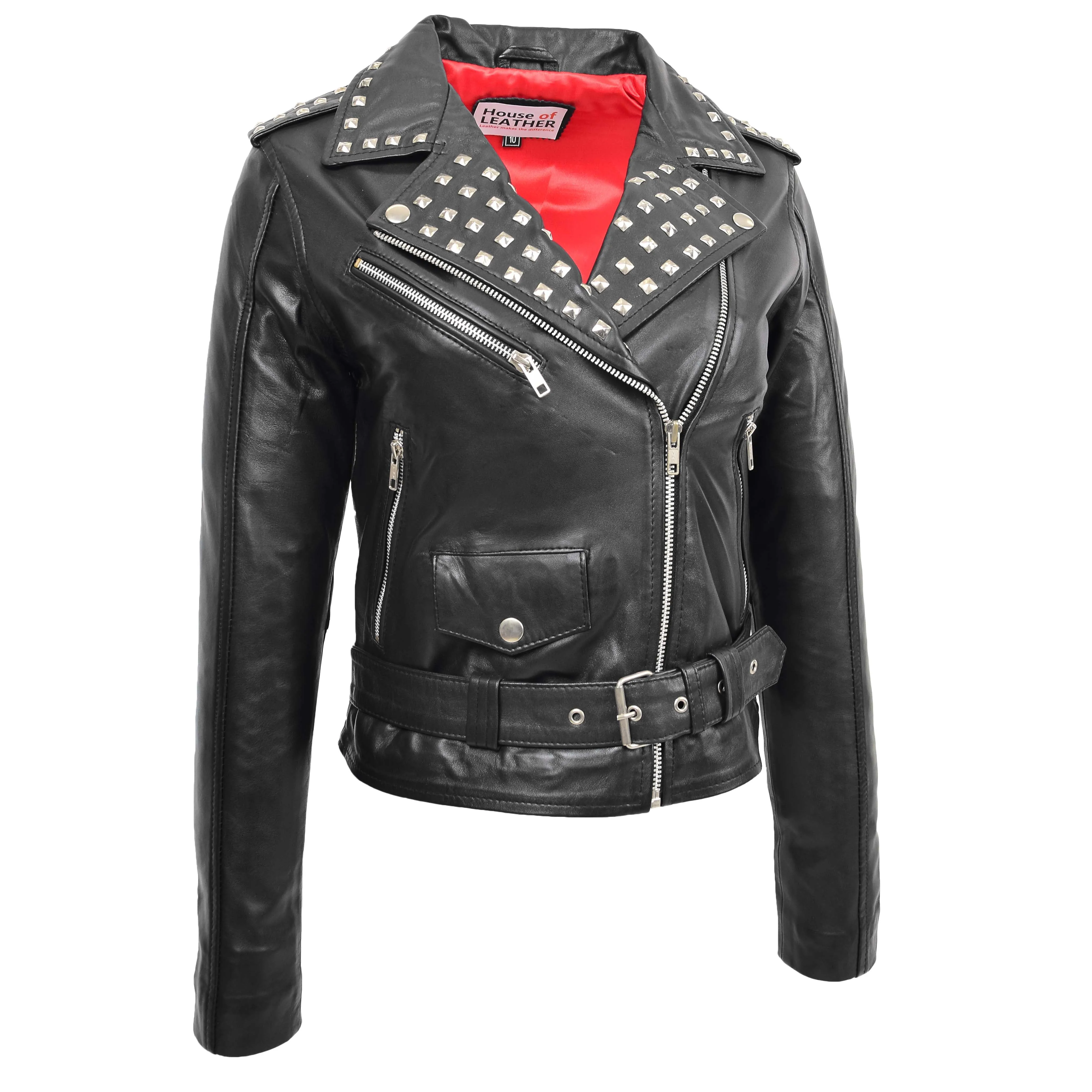 Womens Leather Studded Brando Style Jacket Salma Black