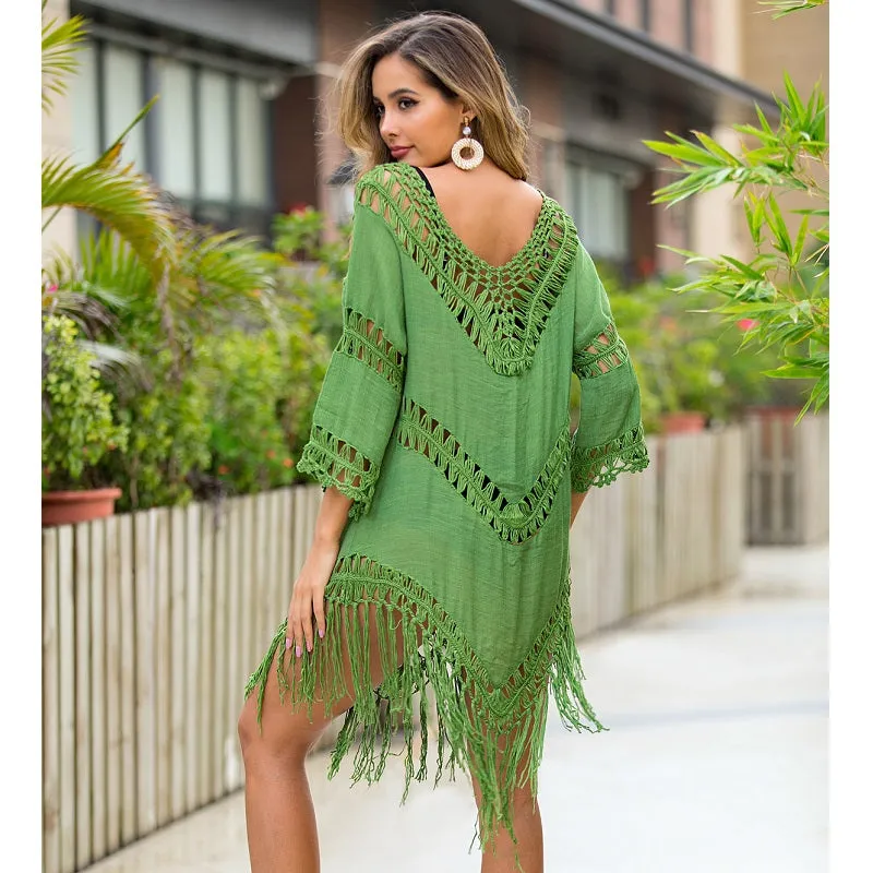 Womens Sexy V-Neck Tassel Hollow Backless Blouse Beachwear