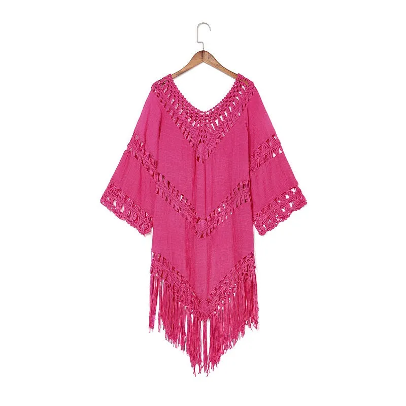 Womens Sexy V-Neck Tassel Hollow Backless Blouse Beachwear