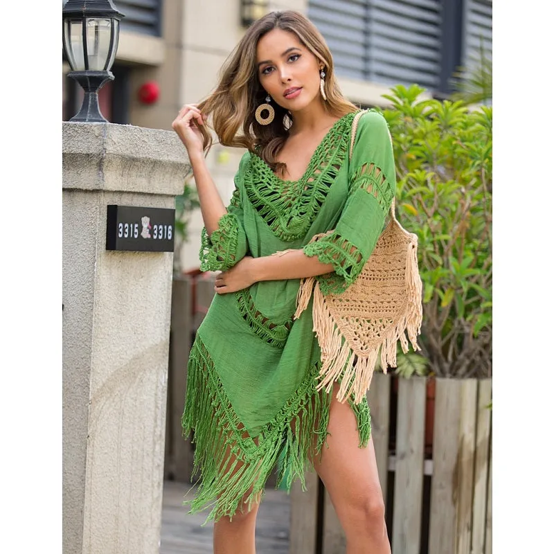 Womens Sexy V-Neck Tassel Hollow Backless Blouse Beachwear