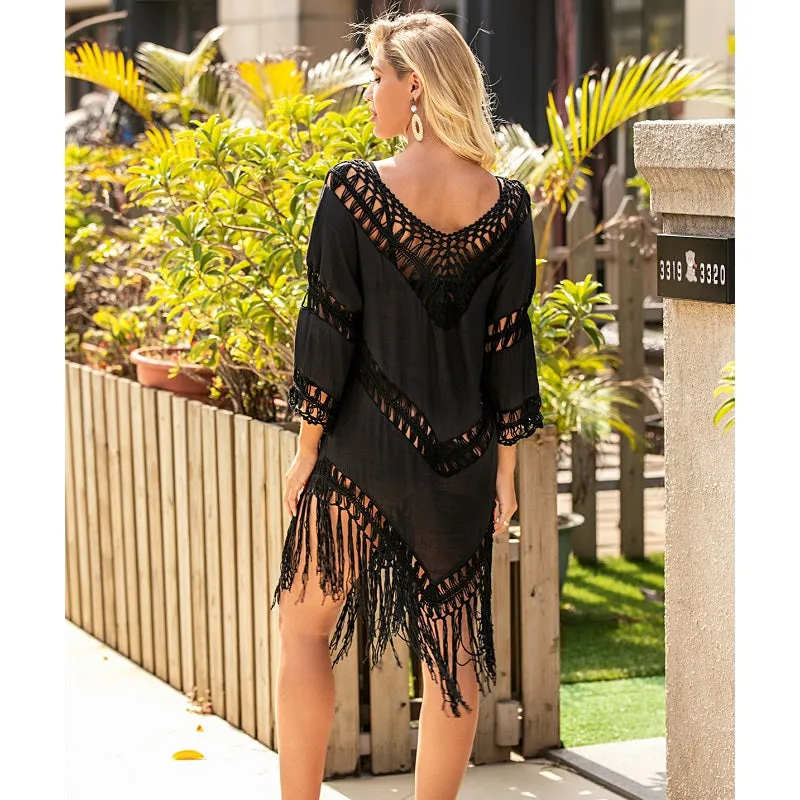 Womens Sexy V-Neck Tassel Hollow Backless Blouse Beachwear