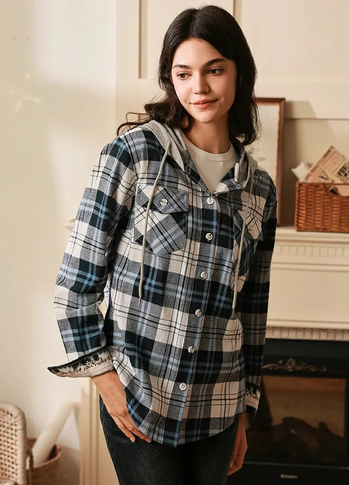 Women's Wildlife Adventure Flannel Plaid Hooded Shirt