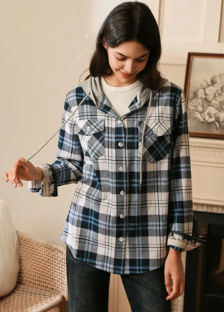 Women's Wildlife Adventure Flannel Plaid Hooded Shirt